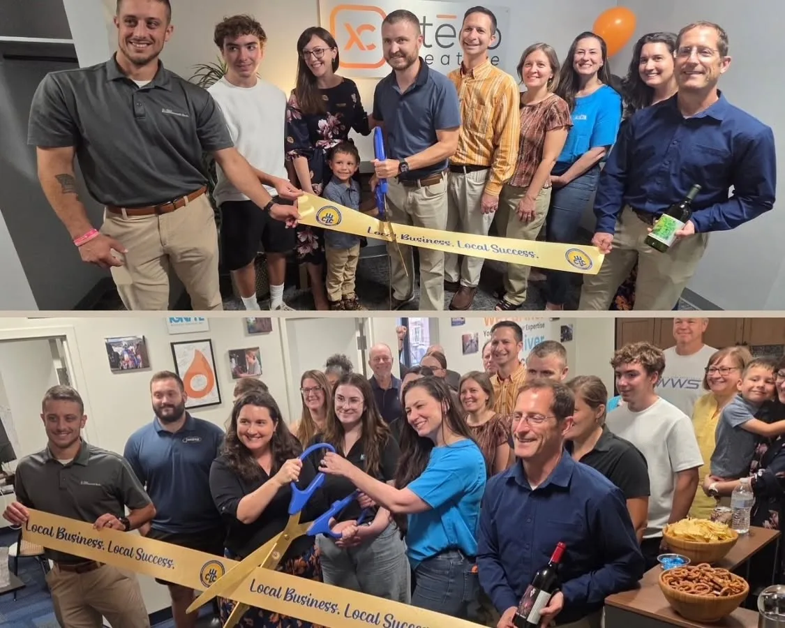 Two ribbon cuttings at 330 Pine Street in Williamsport, PA: guests holding a gold "Local Business. Local Success." ribbon in front of the Xtego Creative sign, and a second group cutting the ribbon for Ignite Business Services across the hall